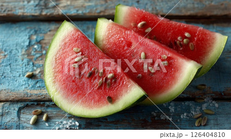 Three Slices Of Juicy Watermelon On Rustic Blue Wooden Background 126404810
