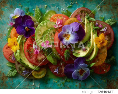Colorful Avocado And Tomato Salad With Edible Pansies 126404811