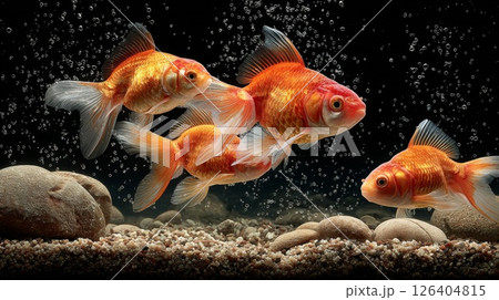 Orange Goldfish Swimming Underwater in Dark Aquarium 126404815