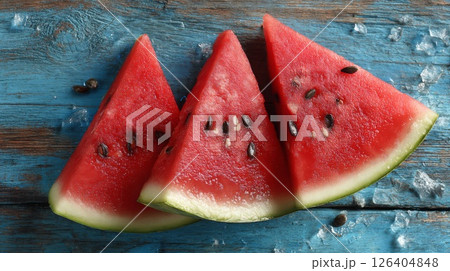 Three Slices of Red Watermelon on Blue Wooden Background Three Slices of Red Watermelon on Blue Wooden Background 126404848