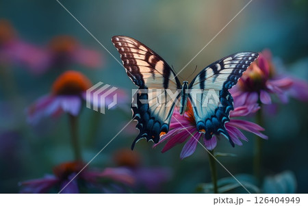 Colorful Butterfly on Purple Flowers in Garden 126404949