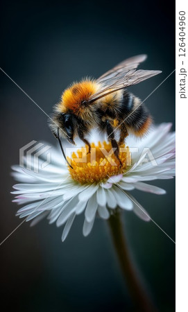 Bumblebee on White Daisy Flower Macro Shot 126404960