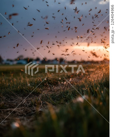 Flying Insects at Sunset Over Green Fieldのイラスト素材 [126404966] - PIXTA