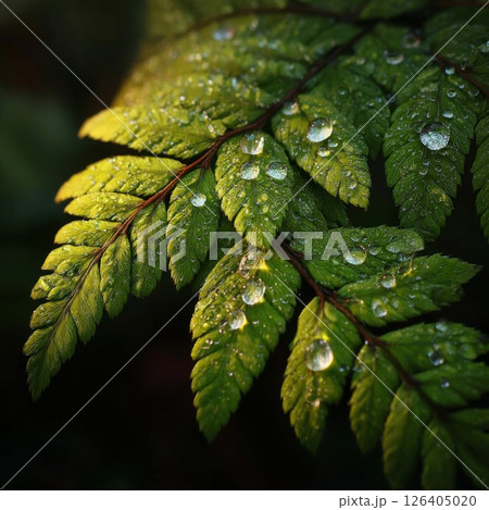 Closeup of Dew-Covered Fern Leaves in Dark Background 126405020