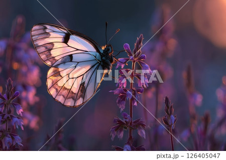 White Butterfly on Purple Flowers at Sunset 126405047