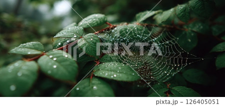 Dew-Covered Spiderweb on Lush Green Leaves 126405051