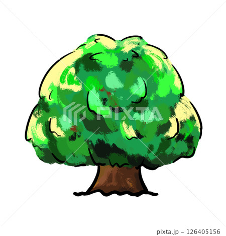 Cartoon brushed green and yellow tree with short trunk isolated illustration 126405156