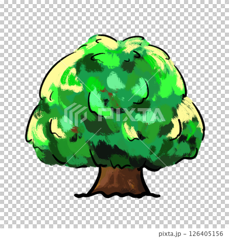 Cartoon brushed green and yellow tree with short trunk isolated illustration 126405156