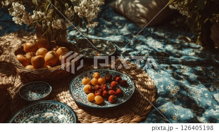 Summer Picnic with Cherries and Plums on Blue Cloth 126405198