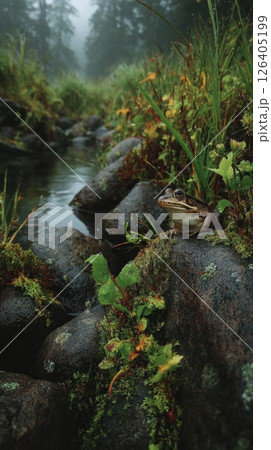 Frog on Rocks by Misty Forest Stream 126405199