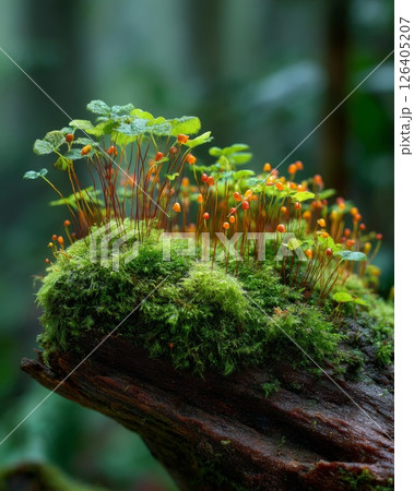 Lush Green Moss With Tiny Orange Plants On Dark Log 126405207