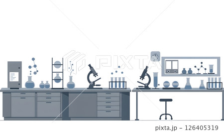 Modern scientific laboratory interior with microscopes and chemical glassware illustration 126405319