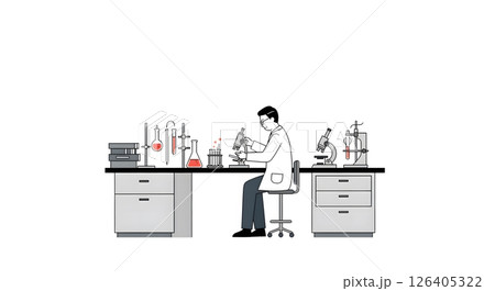 Asian male scientist examining sample through microscope in laboratory illustration 126405322