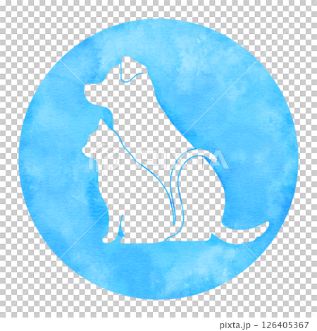 Watercolor round silhouettes of dogs and cats in blue Watercolor round silhouettes of dogs and cats in blue 126405367