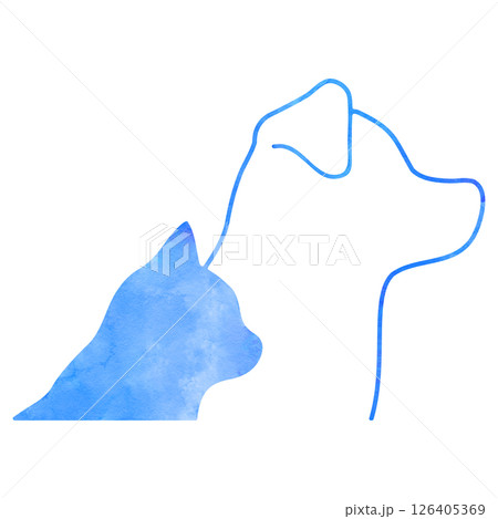 水彩の犬と猫のシルエット　青 126405369