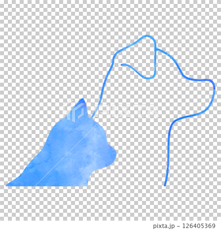 水彩の犬と猫のシルエット　青 126405369