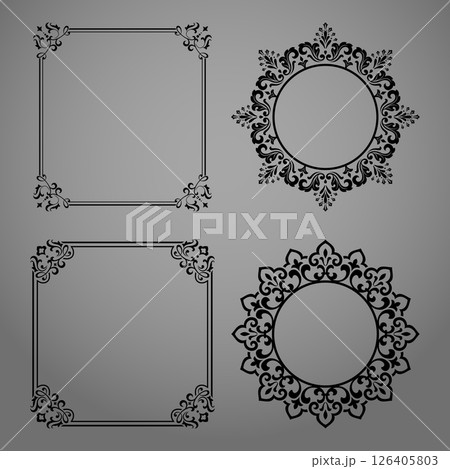 Set of decorative frames Elegant vector element for design in Eastern style, place for text. Floral black and gray borders. Lace illustration for invitations and greeting cards Set of decorative frames Elegant vector element for design in Eastern style, place for text. Floral black and gray borders. Lace illustration for invitations and greeting cards 126405803