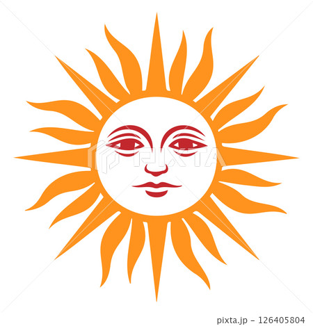 Sun illustration with face and radiant sunbeams in vibrant orange and white colors against a plain background 126405804