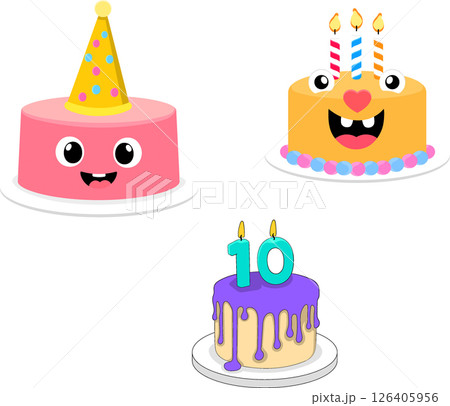 Cute Cartoon Birthday Cakes with Candles and Party Decorations 126405956