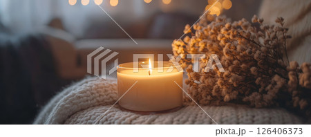 Soft Candlelight on Knit Blanket for Winter Comfort 126406373