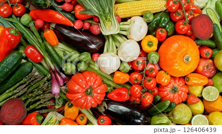 Assortment of Various Kind of Fresh Fruits and Vegetable. High Angle View. 126406439