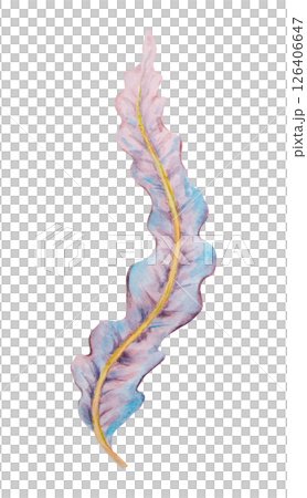 Hand drawn watercolor illustration of a wavy pink and purple leaf with yellow central vein, resembling underwater seaweed or a fantasy botanical element. Ideal for botanical or marine-themed designs. 126406647