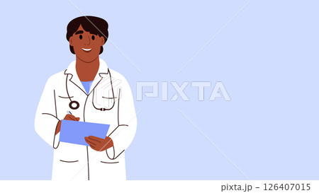 Female doctor in a white uniform holds clipboard. Health concept, detection and treatment of diseases. Vector illustration in flat style. 126407015