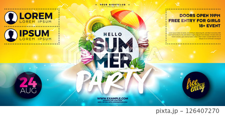 Summer Beach Party Flyer Design with Abstract Design Elements and Typography Lettering on Tropical Island Background. Vector Summer Holiday Illustration with Exotic Palm Leaves and Flower for Banner 126407270
