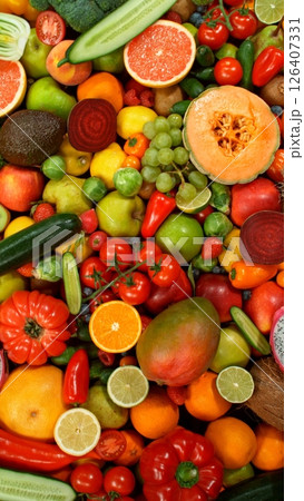 Different Types of Fresh Fruit and Vegetables on a Pile , Close-up 126407331