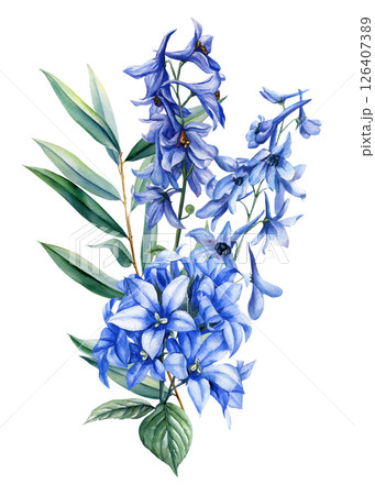 Elegant bouquet blue wildflowers and green leaves. Watercolor botanical floral illustration isolated on white postcard 126407389
