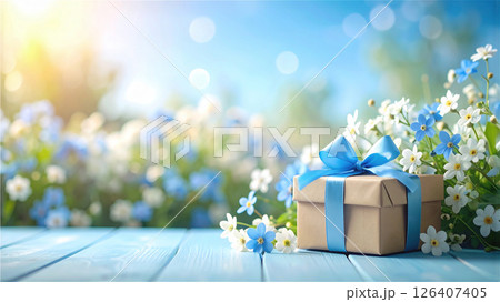 白とペールブルーの美しいお花畑背景の父の日のプレゼント 126407405
