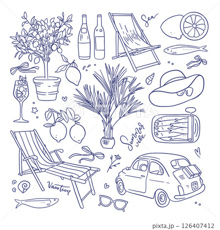 Mediterranean summer vacation linear sketch style elements set. Ink hand drawn Italian, Spanish or French coast sea or beach elements. Sea beach weekend or rest collection. Vector 126407412