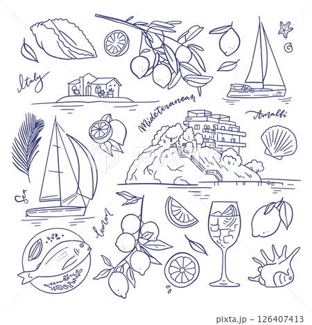 Mediterranean summer vacation sketch style elements set. Hand drawn vintage ink Italian coast sea or beach print - houses, boats, fish and lemons. Sea weekend or rest collection. Elegant vector Mediterranean summer vacation sketch style elements set. Hand drawn vintage ink Italian coast sea or beach print - houses, boats, fish and lemons. Sea weekend or rest collection. Elegant vector 126407413