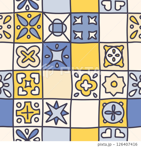 Amalfi seamless pattern - mosaic doodle design with geometric motifs. Colorful composition with rosettes, diamond shapes. Mediterranean folk ornament background, ceramic tile print. Linear vector. Amalfi seamless pattern - mosaic doodle design with geometric motifs. Colorful composition with rosettes, diamond shapes. Mediterranean folk ornament background, ceramic tile print. Linear vector. 126407416