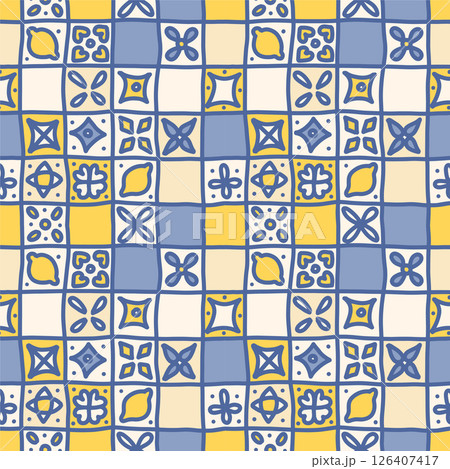 Doodle Mediterranean Amalfi Coast seamless pattern. Citrus on ceramic tile. Portuguese, Sicilian, Spanish tile traditional design. Backdrop for wrapping paper, fabric, textile. Vector illustration. 126407417