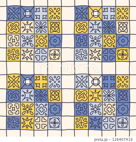 Doodle stylization of floor with original Sorrento tile seamless pattern. Portuguese, Sicilian, Spanish tile traditional design. Vector doodle linear illustration 126407418