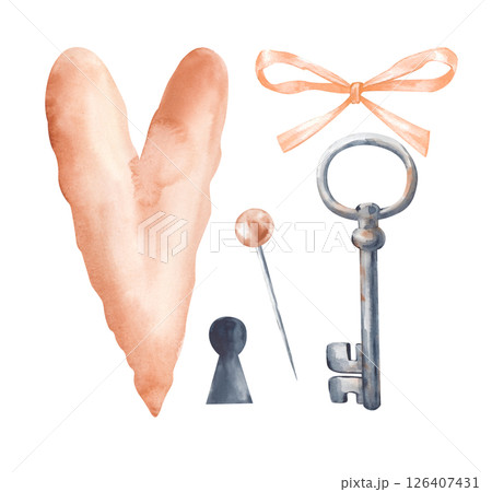 Watercolor mini-set with a heart, a rusty key, a bow, a pin and a keyhole. The illustration on the theme of love is isolated on a white background. For design for Valentine's day, wedding. A clipart 126407431