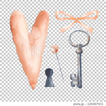 Watercolor mini-set with a heart, a rusty key, a bow, a pin and a keyhole. The illustration on the theme of love is isolated on a white background. For design for Valentine's day, wedding. A clipart 126407431
