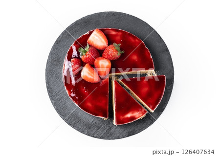 Cheesecake with strawberries isolated on white background Cheesecake with strawberries isolated on white background 126407634