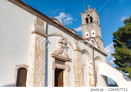 Church of the Holy Cross showing bell tower in Pano Lefkara, Cyprus 126407711