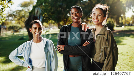 Portrait, women or athlete friends in park on break in outdoor training, workout or support in morning. Proud girls, confidence or happy people with smile for fitness, teamwork or exercise in nature 126407767