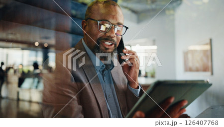 Phone call, planning and tablet with business black man in office for communication or update. App, conversation and strategy with mature employee in workplace for accounting or finance feedback Phone call, planning and tablet with business black man in office for communication or update. App, conversation and strategy with mature employee in workplace for accounting or finance feedback 126407768