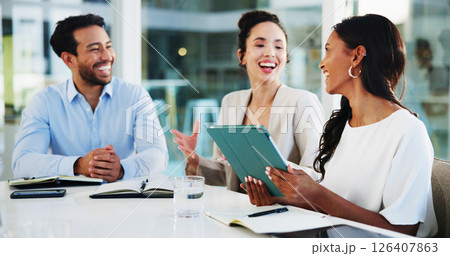 Tablet, discussion and business people in office with teamwork, collaboration or review on report. Technology, laughing and group of financial advisors with company investment, planning or revenue. Tablet, discussion and business people in office with teamwork, collaboration or review on report. Technology, laughing and group of financial advisors with company investment, planning or revenue. 126407863