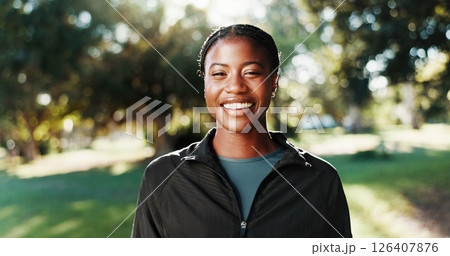 Confident, athlete and woman on break, outdoor and training routine in morning for wellness or happy. Portrait, runner and black person with pride for fitness, bokeh or healthy with workout in nature Confident, athlete and woman on break, outdoor and training routine in morning for wellness or happy. Portrait, runner and black person with pride for fitness, bokeh or healthy with workout in nature 126407876