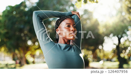 Athlete, exercise and black woman with stretching at park to start workout, fitness performance and getting ready. Wellness, runner and arm warm up in nature for cardio training and muscle relief Athlete, exercise and black woman with stretching at park to start workout, fitness performance and getting ready. Wellness, runner and arm warm up in nature for cardio training and muscle relief 126407956
