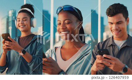 Montage, fitness or people with smile, smartphone or social media with influencer, training or internet. Group, texting or athlete in city, cellphone or collage with digital app or message to contact 126407959