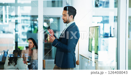 Scroll, thinking and businessman with tablet for accounting, economy update or finance report in office. Typing, online and financial advisor with advice for portfolio, research graphs or investment 126408043