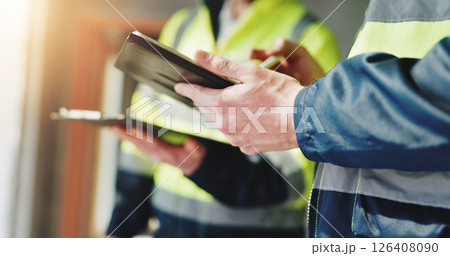 Hands, construction worker and tablet for meeting, review and team with safety report at site. People, engineer and architect with touchscreen, checklist and application for survey at property Hands, construction worker and tablet for meeting, review and team with safety report at site. People, engineer and architect with touchscreen, checklist and application for survey at property 126408090