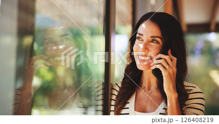 Home, phone call and woman with smile, window and conversation with network in living room. Apartment, mobile user or mature person with smartphone, communication and digital app with view or contact Home, phone call and woman with smile, window and conversation with network in living room. Apartment, mobile user or mature person with smartphone, communication and digital app with view or contact 126408219