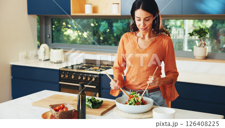 Cooking, salad and woman mix vegetable for healthy diet, nutrition or ingredients in home kitchen. Vegan, meal prep or person make lunch with leafy greens, natural tomato or organic food for wellness Cooking, salad and woman mix vegetable for healthy diet, nutrition or ingredients in home kitchen. Vegan, meal prep or person make lunch with leafy greens, natural tomato or organic food for wellness 126408225